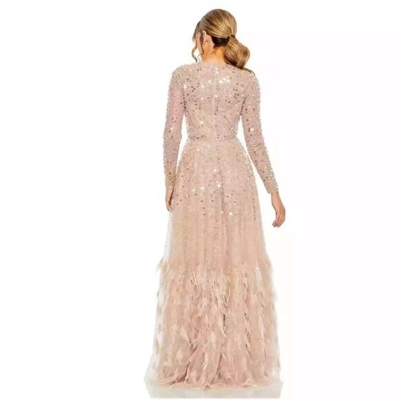 Mac Duggal Women's Disc Embellished Sequin Gown with Feather Dusty Rose Size 12 - Picture 2 of 16